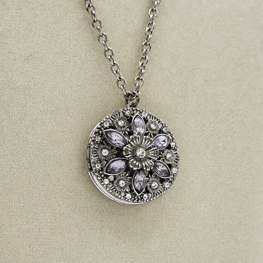 Charming Charlie Silvertone Round Floral Rhinestone Locket Pendant Necklace 33"